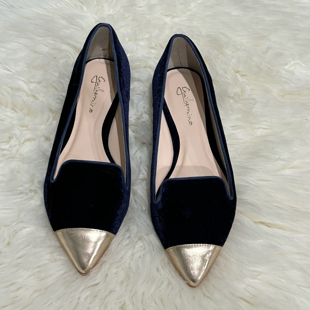 Guilhermina Anthropologie Blue Velvet Gold Toe Flats Size 6 - Picture 2 of 7